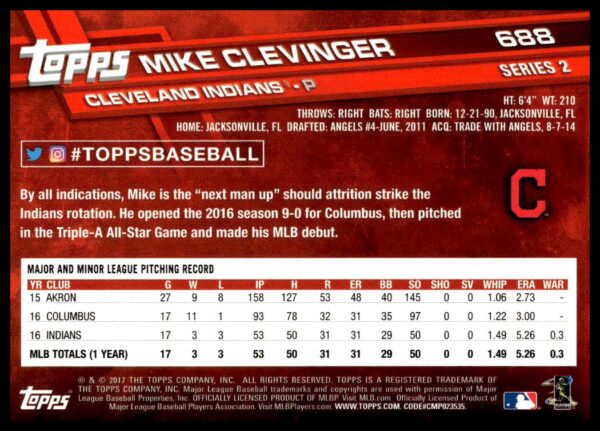 2017 Topps Series 2 Mike Clevinger #688 (Back)