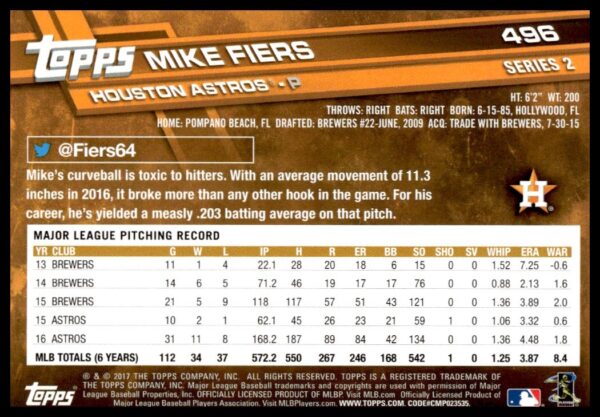 2017 Topps Series 2 Mike Fiers #496 (Back)