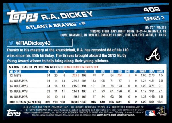 2017 Topps Series 2 R.A. Dickey #409 (Back)