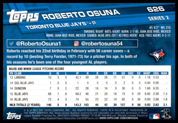 2017 Topps Series 2 Roberto Osuna #626 (Back)