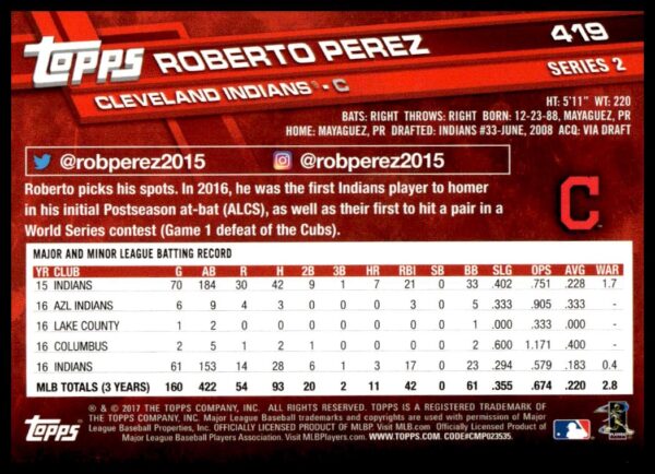 2017 Topps Series 2 Roberto Perez #419 (Back)