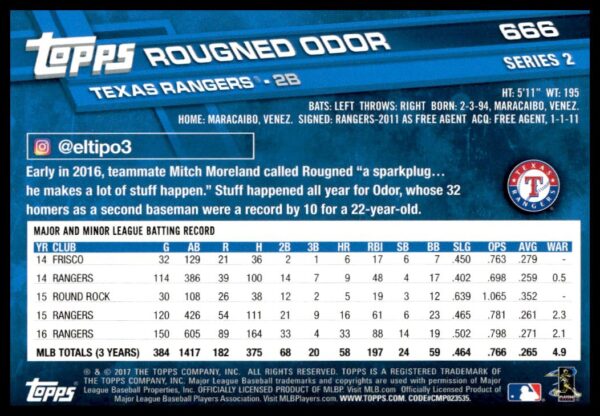 2017 Topps Series 2 Rougned Odor #666 (Back)