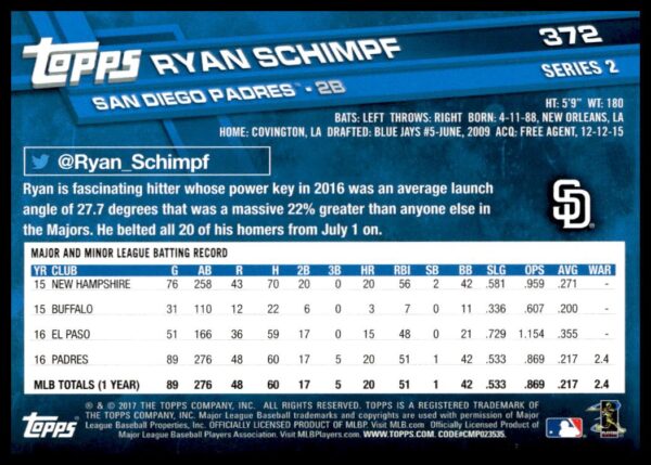 2017 Topps Series 2 Ryan Schimpf #372 (Back)