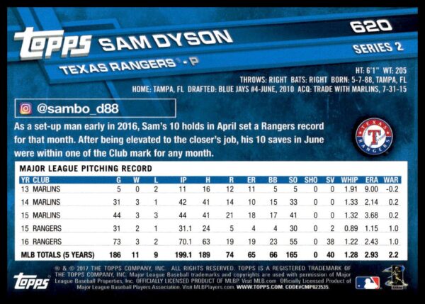 2017 Topps Series 2 Sam Dyson #620 (Back)