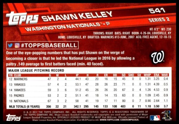 2017 Topps Series 2 Shawn Kelley #541 (Back)