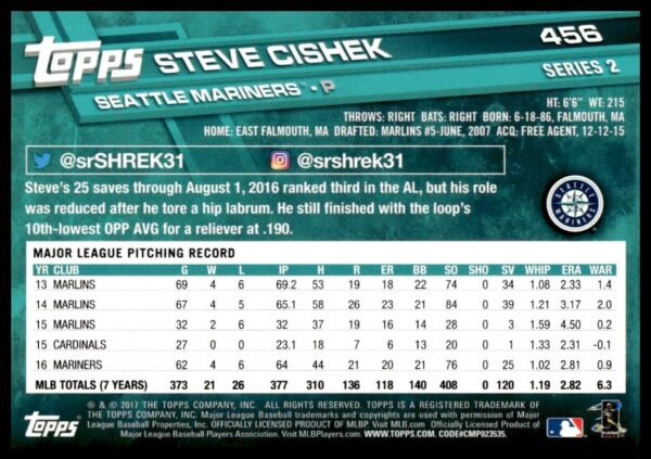 2017 Topps Series 2 Steve Cishek #456 (Back)