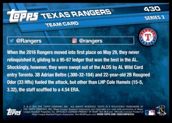 2017 Topps Series 2 Texas Rangers #430 (Back)