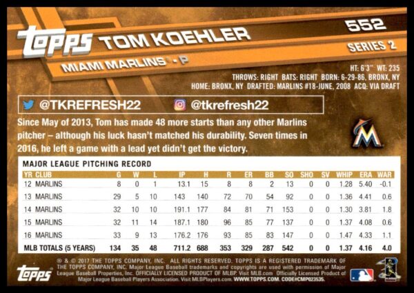 2017 Topps Series 2 Tom Koehler #552 (Back)