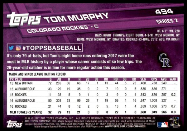 2017 Topps Series 2 Tom Murphy #494 (Back)