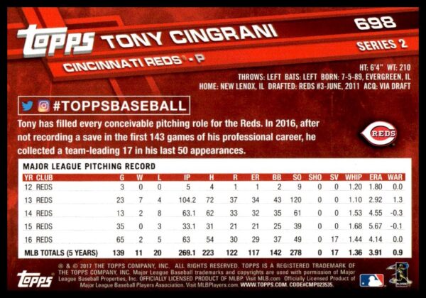 2017 Topps Series 2 Tony Cingrani #698 (Back)