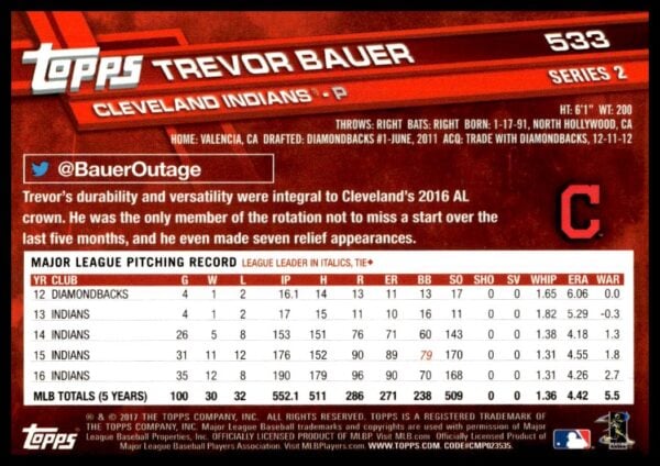 2017 Topps Series 2 Trevor Bauer #533 (Back)