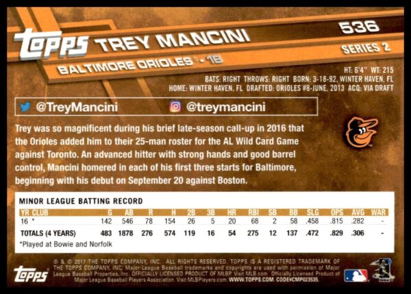 2017 Topps Series 2 Trey Mancini #536 (Back)