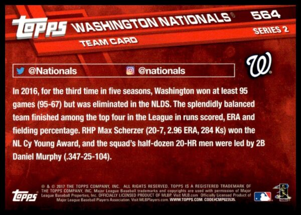 2017 Topps Series 2 Washington Nationals #564 (Back)