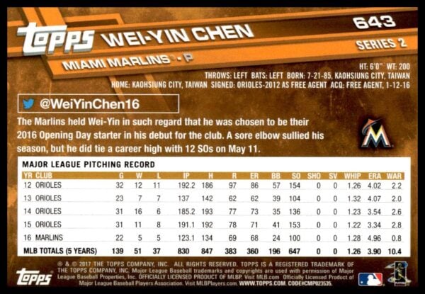 2017 Topps Series 2 Wei-Yin Chen #643 (Back)