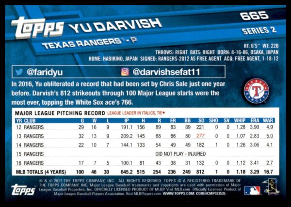 2017 Topps Series 2 Yu Darvish #665 (Back)