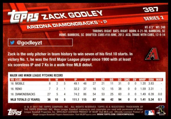 2017 Topps Series 2 Zack Godley #387 (Back)