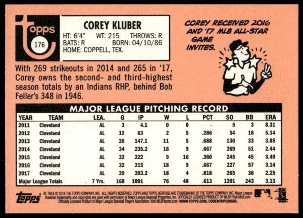 2018 Topps Heritage Corey Kluber #176 (Back)