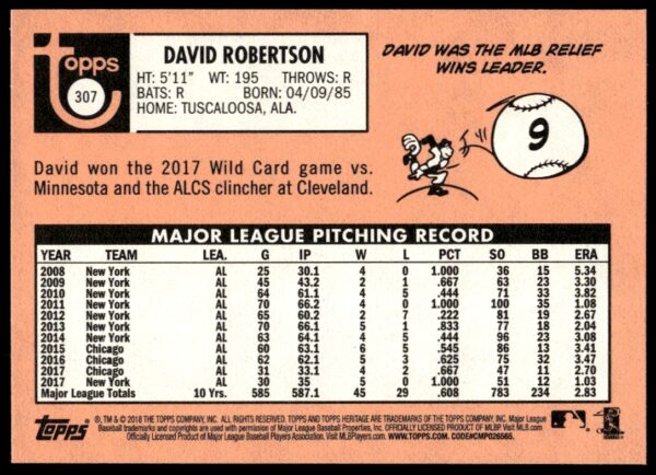 2018 Topps Heritage David Robertson #307 (Back)