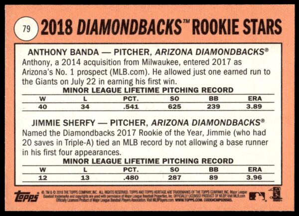 2018 Topps Heritage Diamondbacks 2018 Rookie Stars (Anthony Banda / Jimmie Sherfy) #79 (Back)