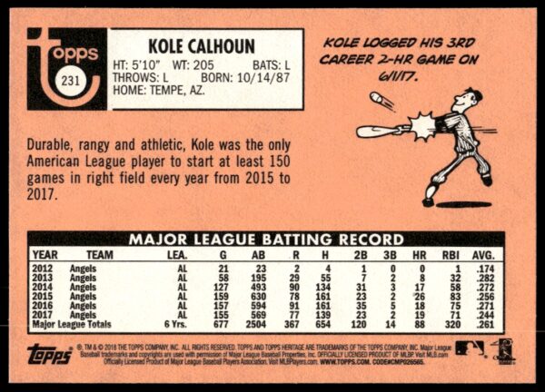 2018 Topps Heritage Kole Calhoun #231 (Back)