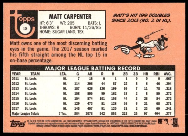 2018 Topps Heritage Matt Carpenter #18 (Back)