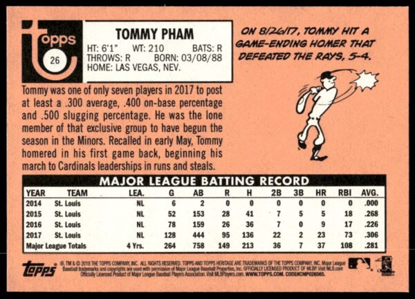 2018 Topps Heritage Tommy Pham #26 (Back)