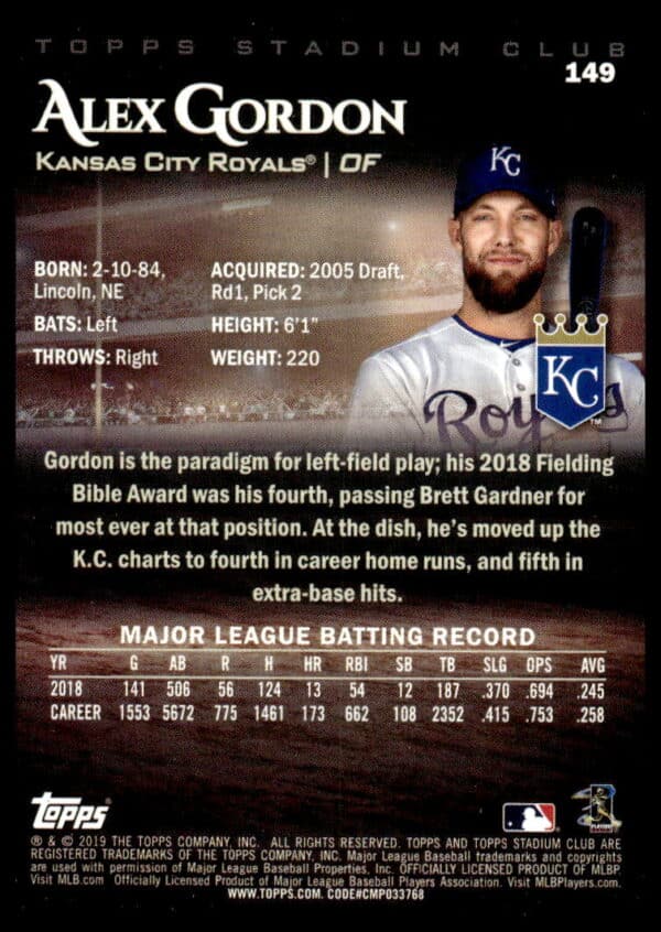 2019 Topps Stadium Club Alex Gordon Red Foil #149 (Back)