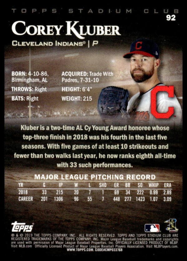 2019 Topps Stadium Club Corey Kluber Red Foil #92 (Back)