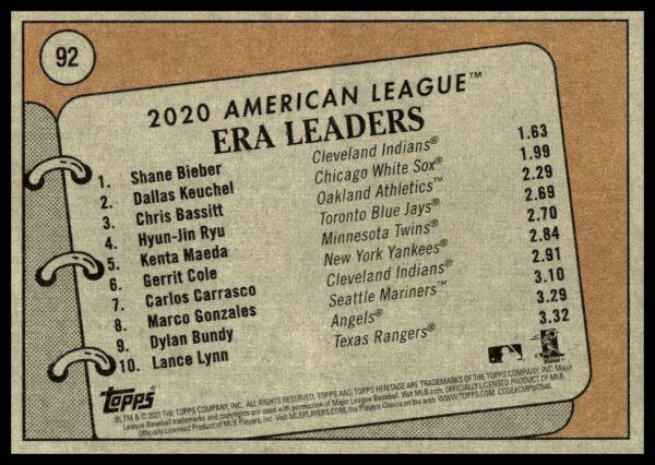 2021 Topps Heritage 2020 AL ERA Leaders - Chris Bassitt / Dallas Keuchel / Shane Bieber #92 (Back)