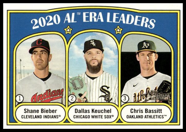 2021 Topps Heritage 2020 AL ERA Leaders - Chris Bassitt / Dallas Keuchel / Shane Bieber #92 (Front)