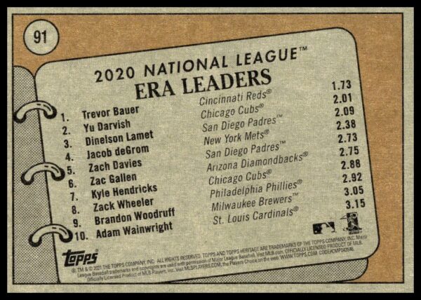 2021 Topps Heritage 2020 NL ERA Leaders (Trevor Bauer / Yu Darvish / Dinelson Lamet) #91 (Back)