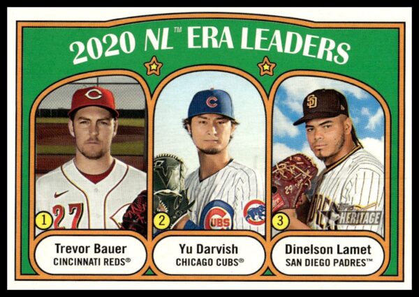 2021 Topps Heritage 2020 NL ERA Leaders (Trevor Bauer / Yu Darvish / Dinelson Lamet) #91 (Front)