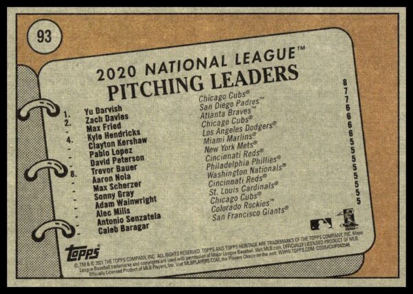 2021 Topps Heritage 2020 NL Pitching Leaders (Yu Darvish / Zach Davies / Max Fried) #93 (Back)