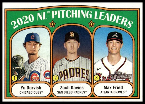 2021 Topps Heritage 2020 NL Pitching Leaders (Yu Darvish / Zach Davies / Max Fried) #93 (Front)