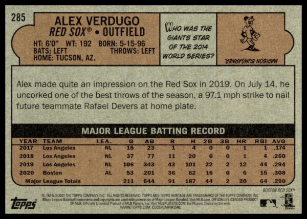 2021 Topps Heritage Alex Verdugo #285 (Back)