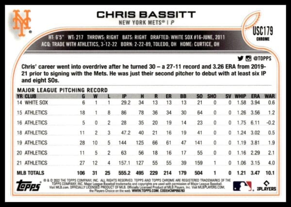 2022 Topps Chrome Update Chris Bassitt Pink Wave Refractor #USC179 (Back)