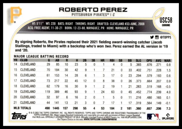 2022 Topps Chrome Update Roberto Perez Pink Wave Refractor #USC58 (Back)