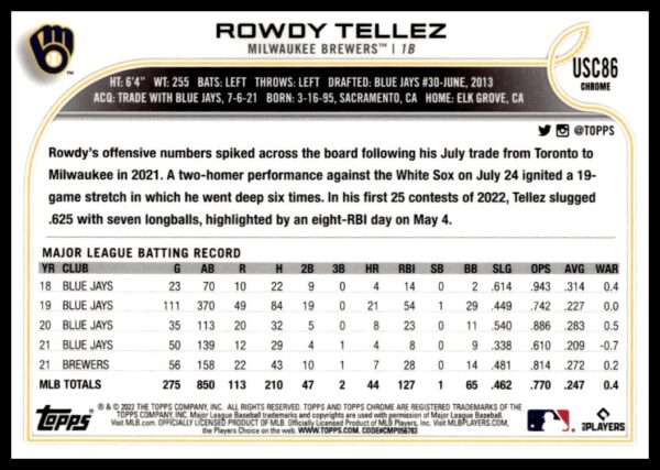 2022 Topps Chrome Update Rowdy Tellez Pink Wave Refractor #USC86 (Back)