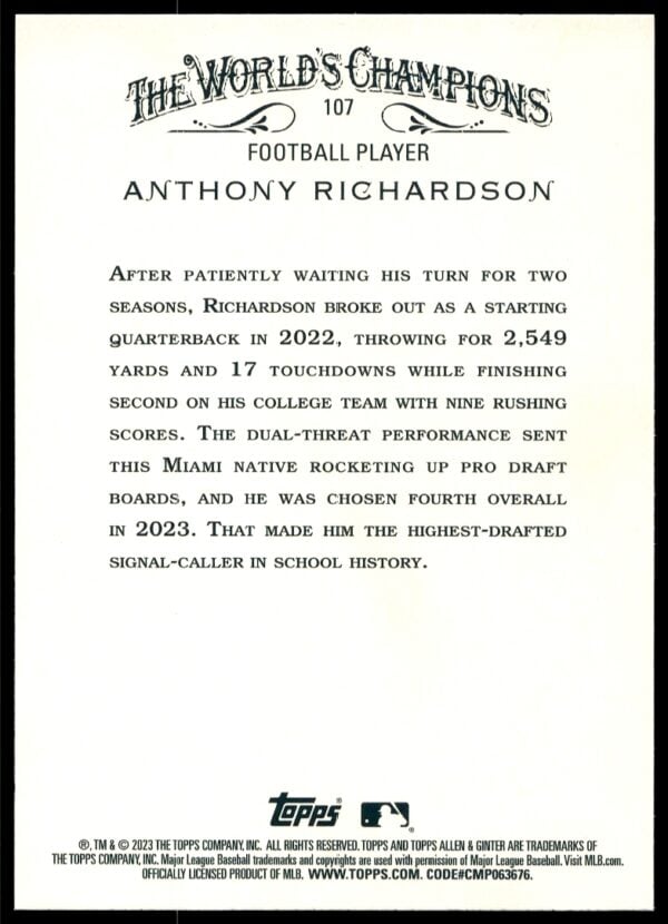 2023 Topps Allen & Ginter Anthony Richardson Silver Portrait #107 (Back)