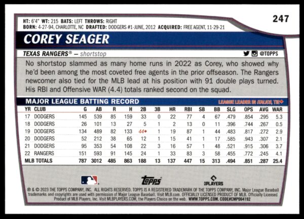 2023 Topps Big League Corey Seager #247 (Back)