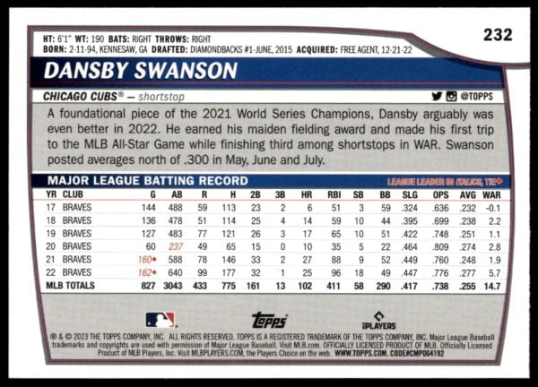 2023 Topps Big League Dansby Swanson #232 (Back)