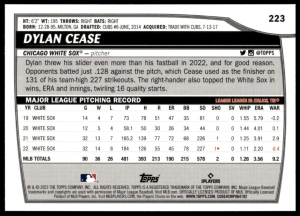 2023 Topps Big League Dylan Cease #223 (Back)