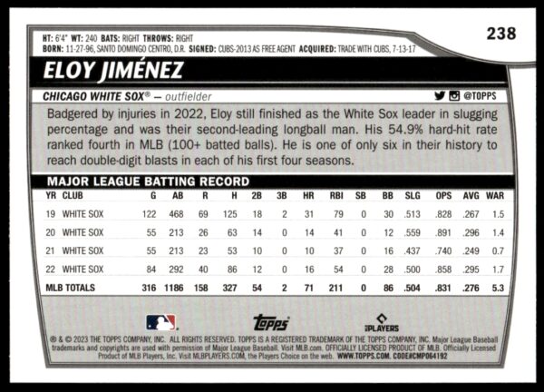 2023 Topps Big League Eloy Jimenez Rainbow Foil #238 (Back)