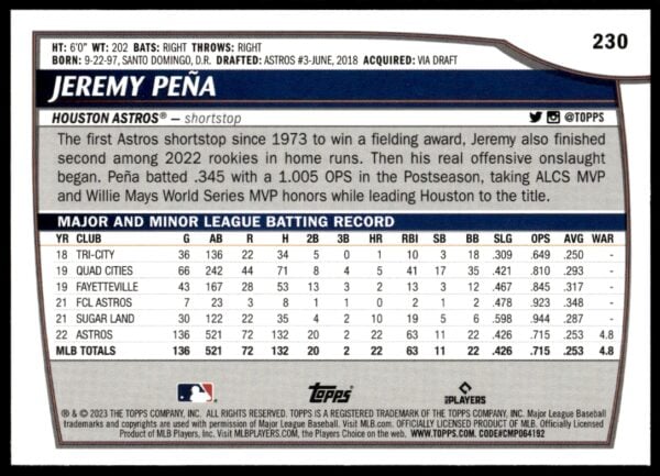 2023 Topps Big League Jeremy Pena #230 (Back)