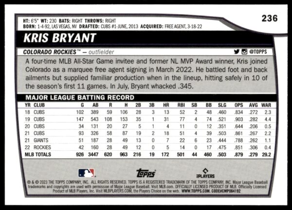 2023 Topps Big League Kris Bryant #236 (Back)