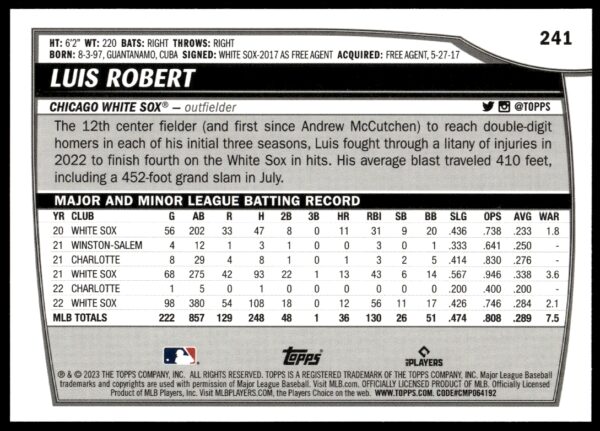 2023 Topps Big League Luis Robert #241 (Back)