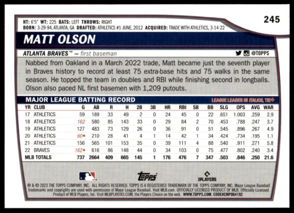 2023 Topps Big League Matt Olson Rainbow Foil #245 (Back)