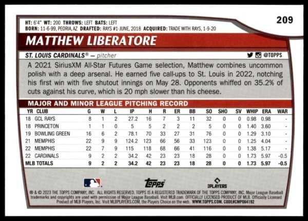 2023 Topps Big League Matthew Liberatore #209 (Back)