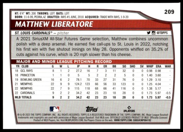 2023 Topps Big League Matthew Liberatore Rainbow Foil #209 (Back)