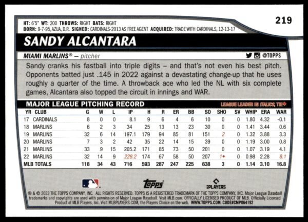 2023 Topps Big League Sandy Alcantara #219 (Back)